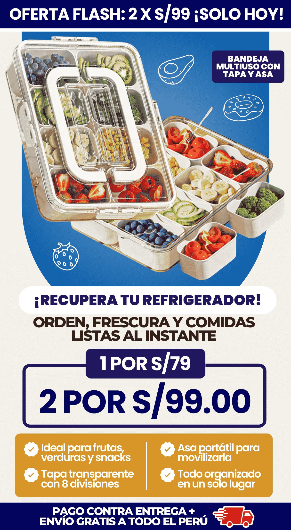 Bandeja MultiSnack 8 Compartimientos con Tapa y Asa
