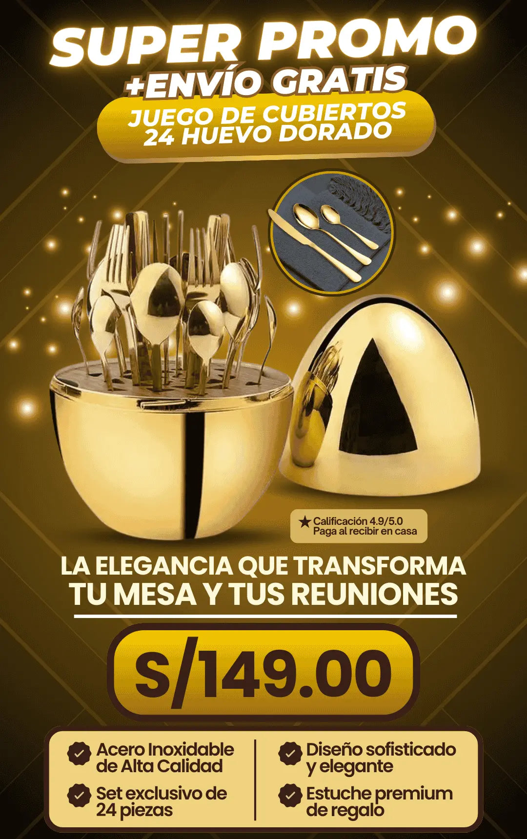 Set de cubiertos dorados en forma de huevo