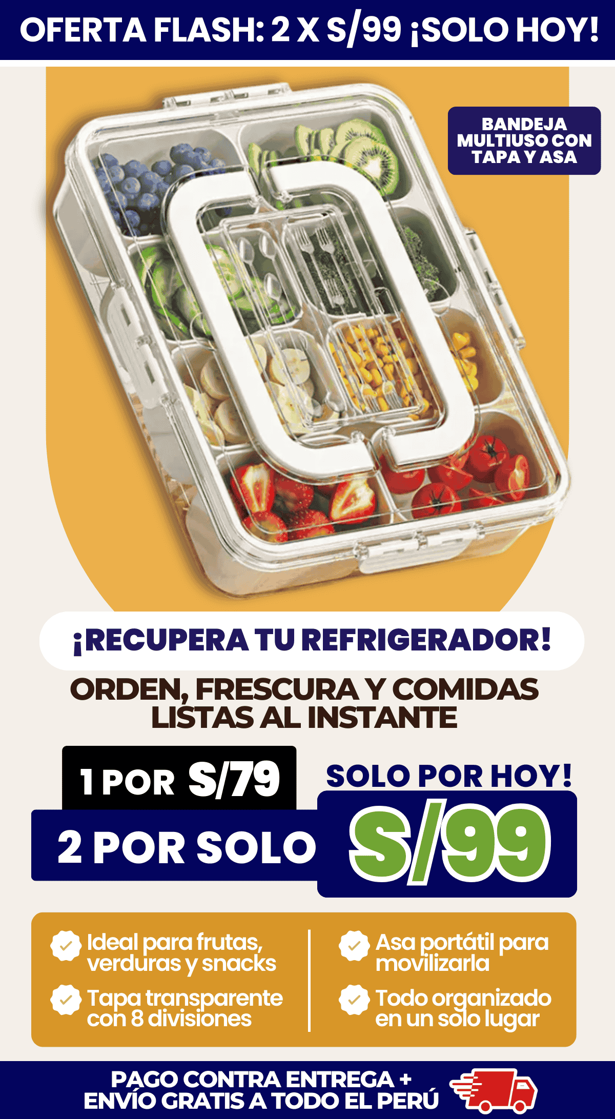Bandeja MultiSnack 8 Compartimientos con Tapa y Asa