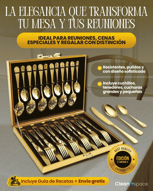Juego de Cubiertos Dorados de acero inoxidable, 24 Piezas con Estuche Premium.